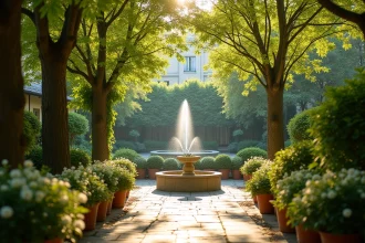 Jardin secret paisible à Montparnasse avec feuillage et oiseaux chanteurs