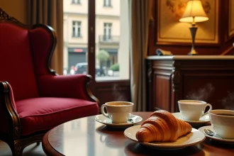 Petit-déjeuner dans un hôtel parisien avec café et croissant
