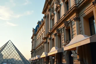 Verrières illuminées de la Pyramide du Louvre au matin
