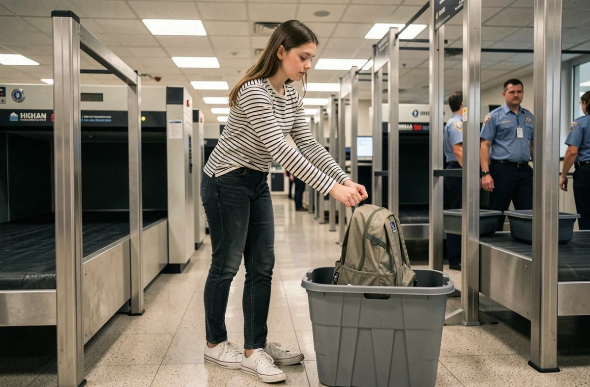 Adolescente de 16 ans passant seule un contrôle de sécurité dans un aéroport avec son sac à dos