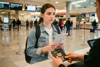 Adolescente de 16 ans au comptoir d'enregistrement d'un aéroport avec passeport et documents de voyage en main