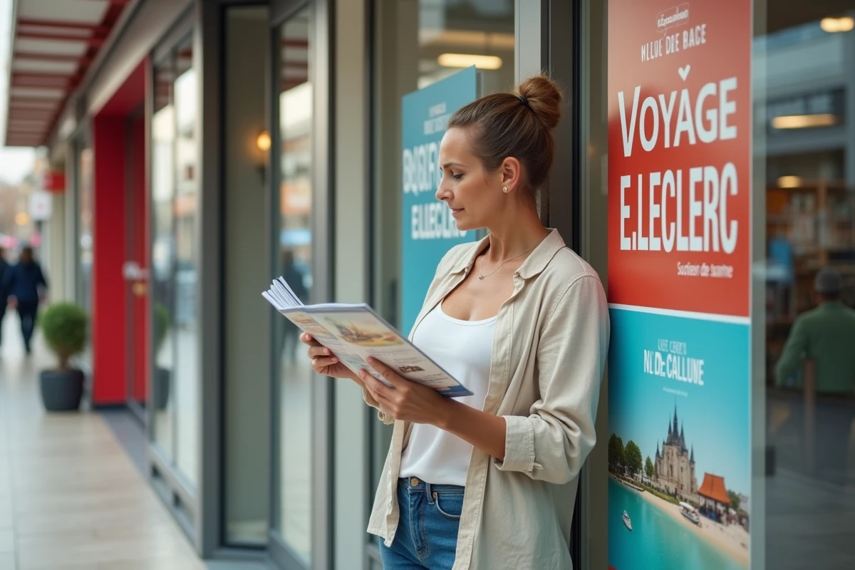 Femme consultant une brochure devant une agence Voyage Leclerc pour les vacances scolaires 2026