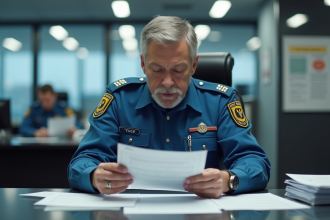 Agent de douane en uniforme à un bureau moderne