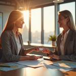 Agent de voyage remettant un reçu à un client souriant dans un bureau lumineux