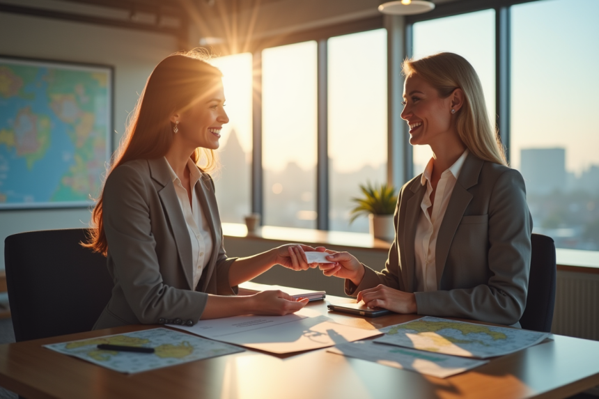 Agent de voyage remettant un reçu à un client souriant dans un bureau lumineux