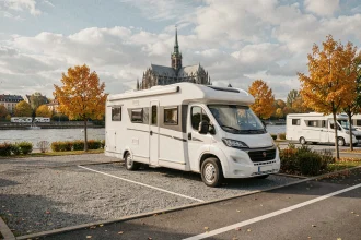 Camping-car blanc garé sur une aire à Speyer avec la cathédrale en arrière-plan au bord du Rhin en automne