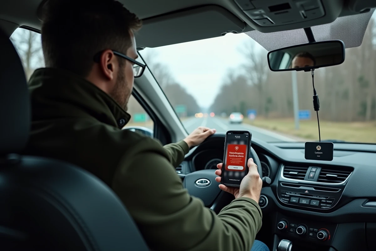 Un conducteur reçoit une alerte trafic en temps réel sur Mappy depuis son tableau de bord, visualisant un avertissement d'embouteillage sur son itinéraire
