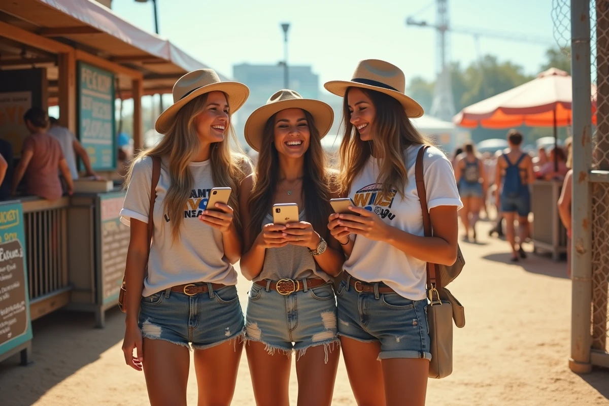 Groupe d'amis achetant des billets Coachella à prix réduit à l'entrée du festival