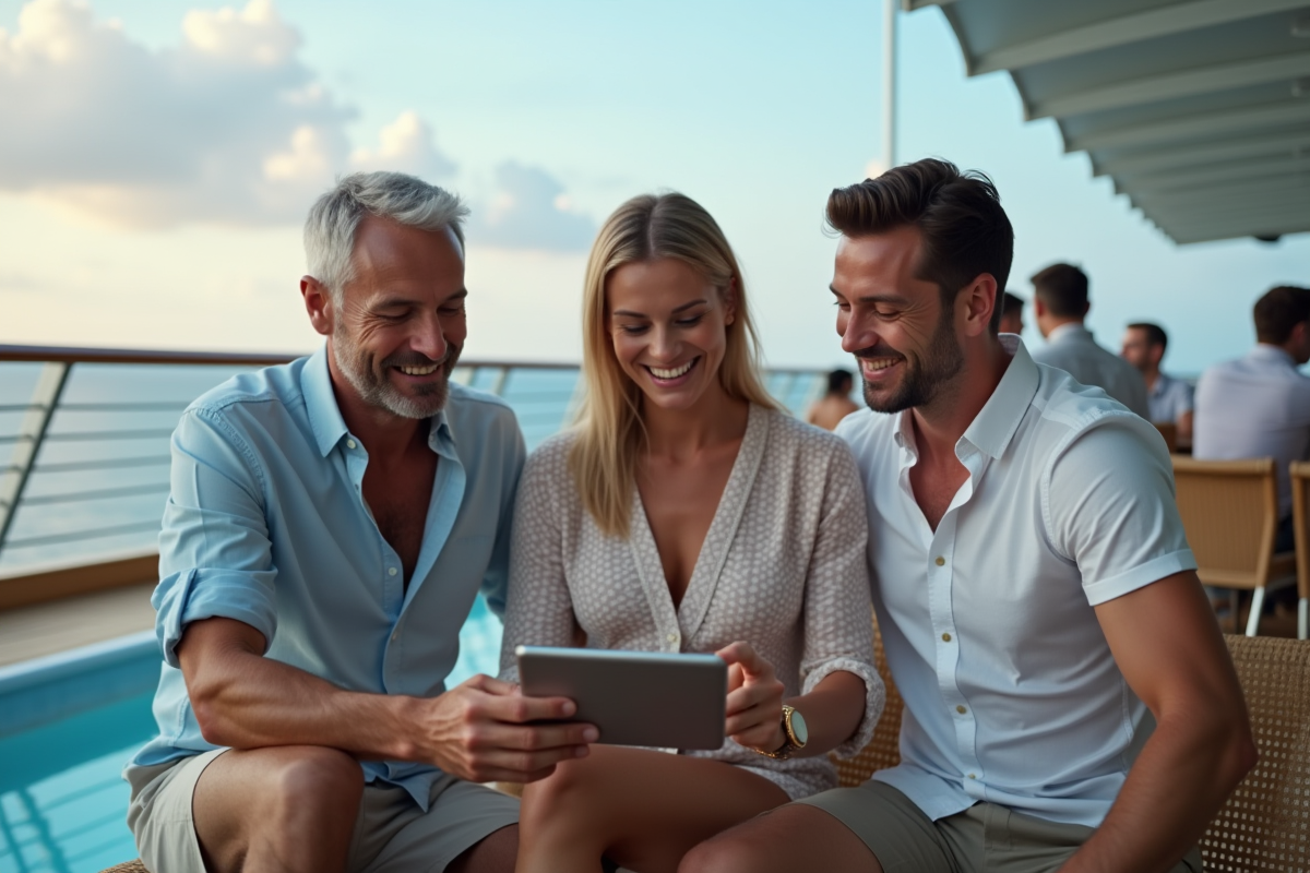 Trois amis riant au café de la piscine du bateau