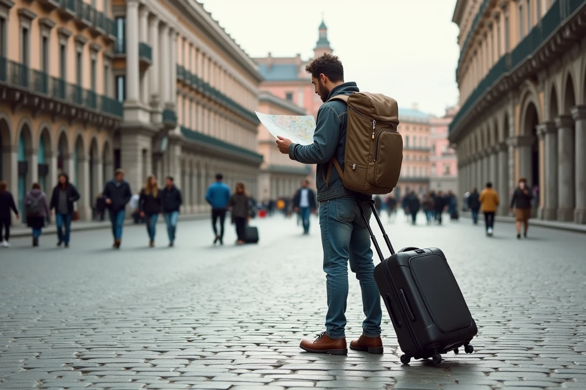 Voyageur arrivant à la Puerta del Sol au centre de Madrid avec ses bagages après avoir calculé son trajet depuis l'aéroport