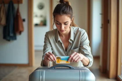 Femme collant un autocollant de voyage sur une valise rigide dans un appartement moderne
