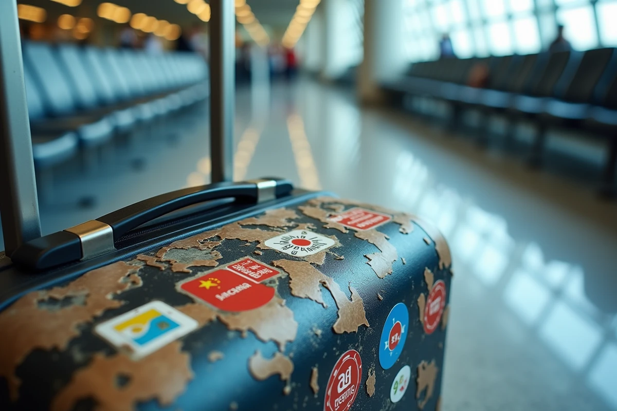 Gros plan d'autocollants de voyage décollés et abîmés sur une valise à l'aéroport