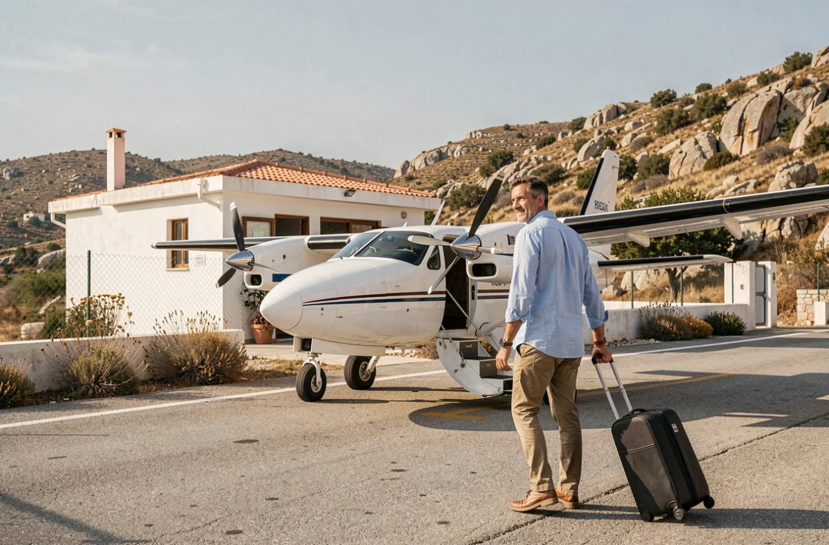 Homme embarquant dans un petit avion sur l'aéroport de Cythère en Grèce