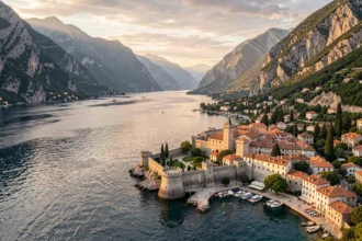 Baie de Kotor entourée de montagnes au coucher du soleil
