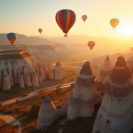 Montgolfières colorées survolant les formations rocheuses de Cappadoce au lever du soleil