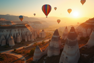 Montgolfières colorées survolant les formations rocheuses de Cappadoce au lever du soleil