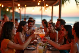 Terrasse animée d'un bar de plage espagnol au coucher du soleil avec des groupes de jeunes adultes trinquant des cocktails