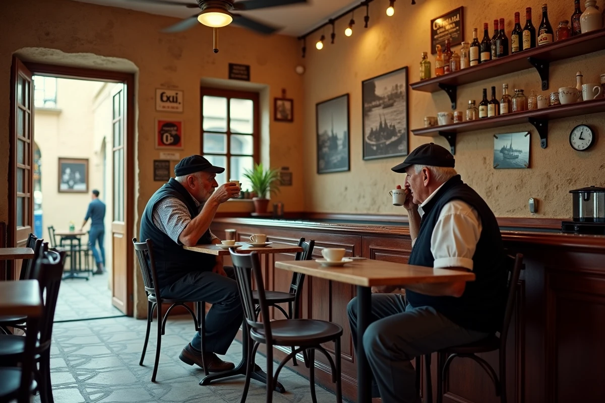 Deux hommes maltais âgés conversant dans un bar traditionnel de Senglea aux carreaux anciens et murs en pierre patinée