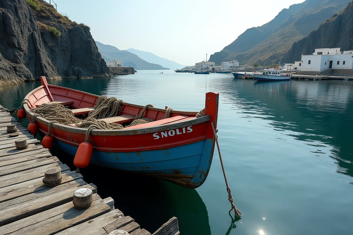 Vieux bateau de pêche en bois amarré dans un petit port rocheux des Cyclades avec maisons blanches cubiques en arrière-plan, Milos ou Foléganfros