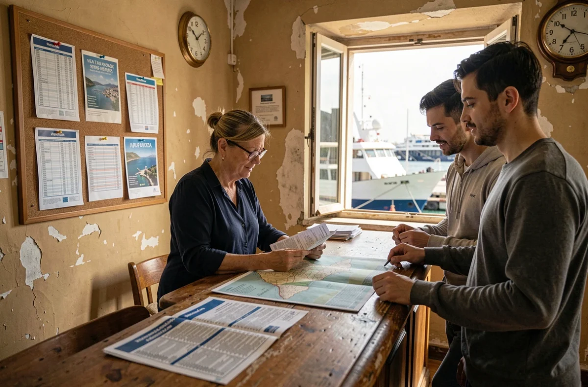 Bureau de vente de billets de ferry dans un port grec pour rejoindre Cythère