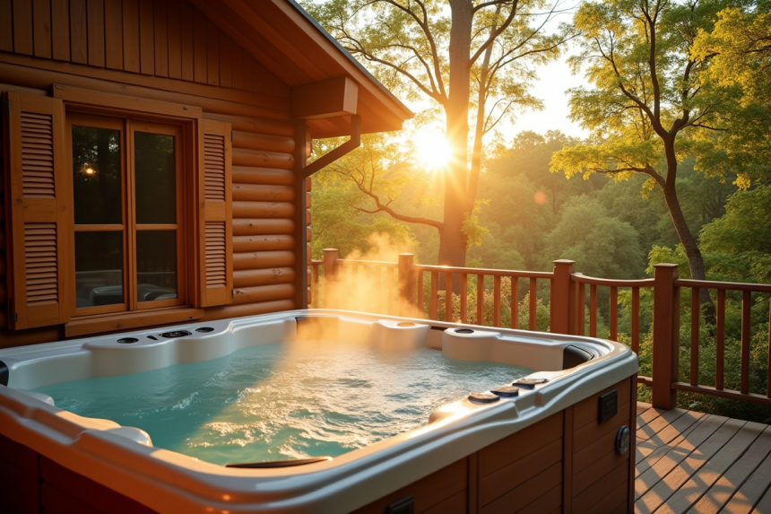 Cabane en bois avec jacuzzi extérieur en nature