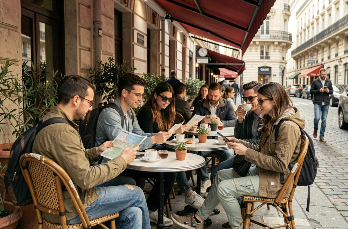 Terrasse de café parisien animée avec des touristes du monde entier savourant un café