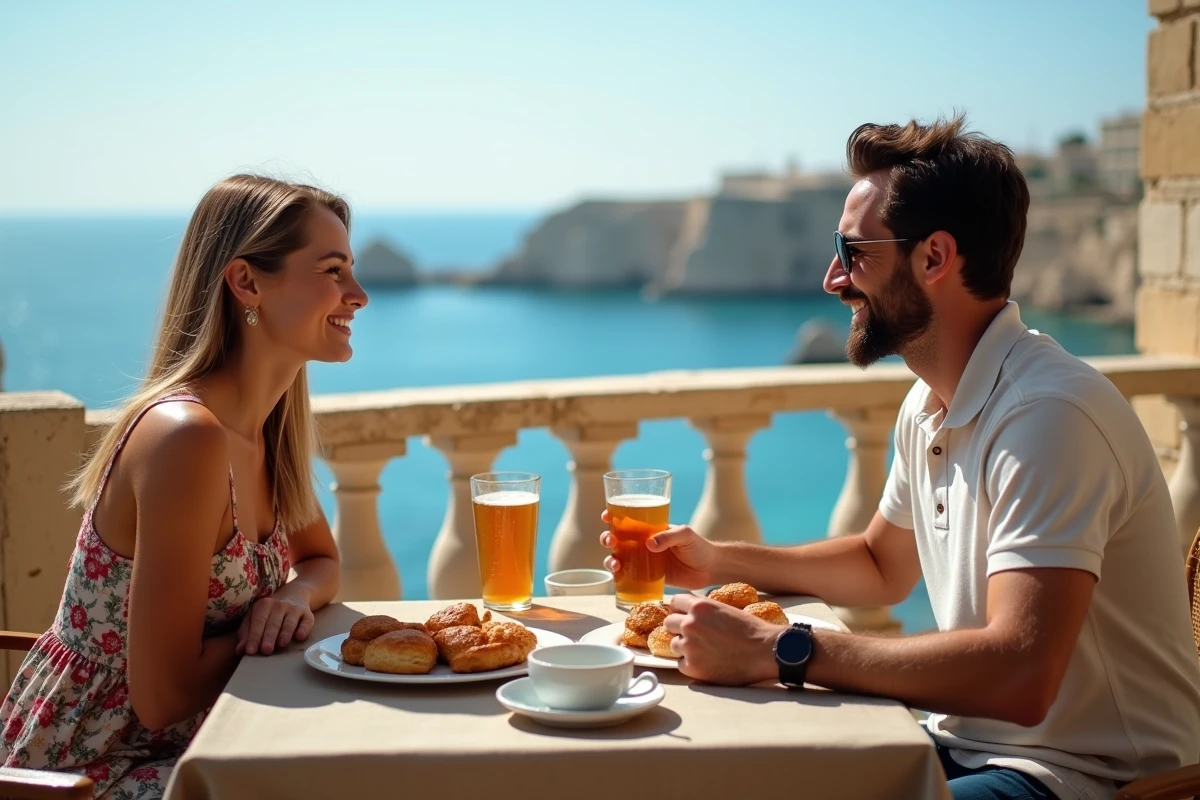 Couple dégustant des pastizzi maltais et une Kinnie dans un café en terrasse avec vue sur la mer Méditerranée à Saint-Julien, Malte