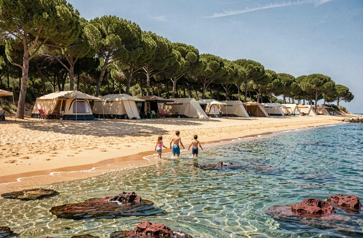 Camping Camp du Domaine à Bormes-les-Mimosas avec plage privée en bord de mer et pins parasols