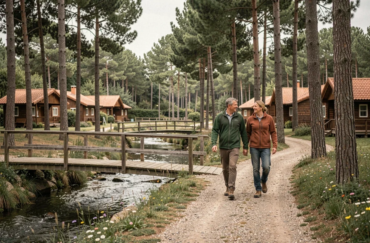 Couple en tenue de randonnée se promenant sur un chemin de gravier entre des pins et des chalets au toit en tuile du Camping de la Croix du Vieux Pont