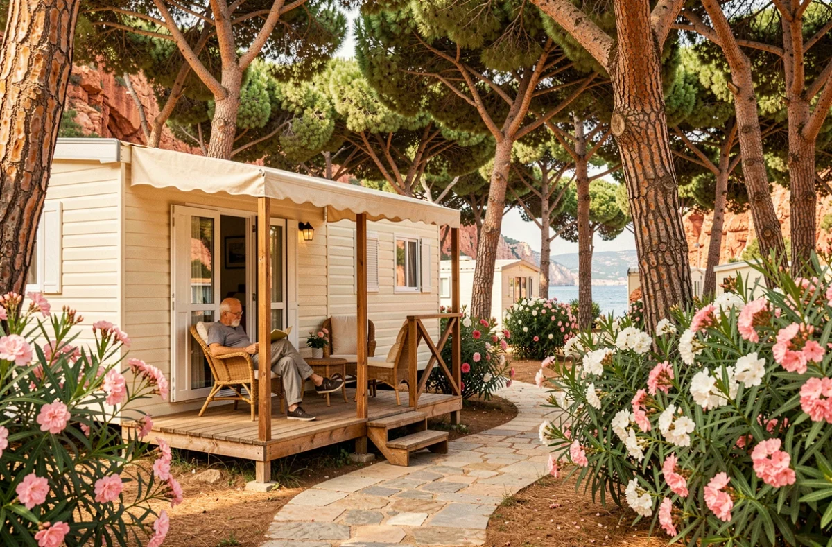 Camping Douce Quiétude à Saint-Raphaël avec mobil-home sous les pins et roches rouges de l'Esterel