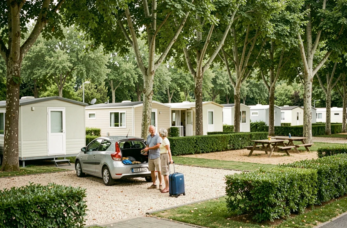 Couple déchargeant leurs bagages à l'entrée d'un emplacement soigné du camping familial OML de Gennevilliers avec des mobil-homes et des arbres matures en arrière-plan