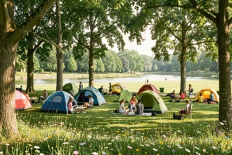 Vue panoramique d'un camping verdoyant en Île-de-France avec des familles installant des tentes colorées sous des chênes au bord d'une rivière calme