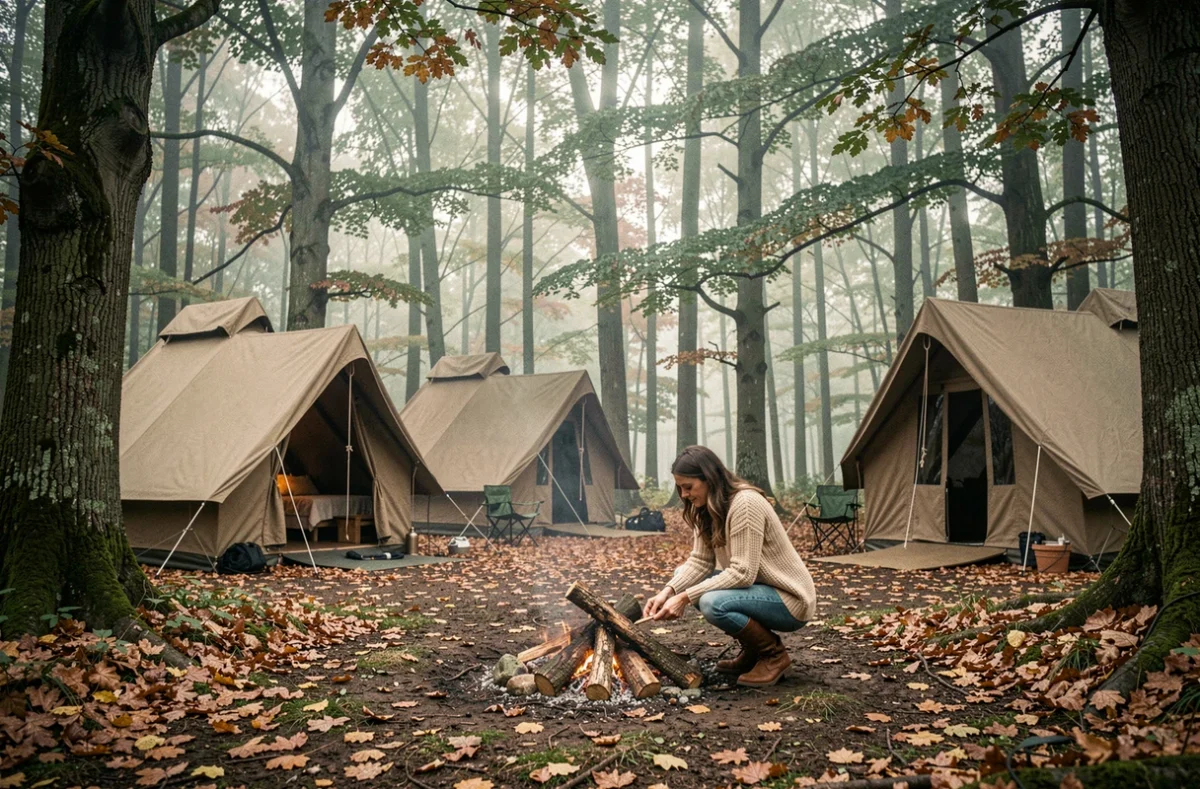 Femme en pull en tricot organisant des bûches devant un feu de camp au milieu des tentes bell et lodges en toile du Camping Huttopia Rambouillet entouré de hêtres en automne