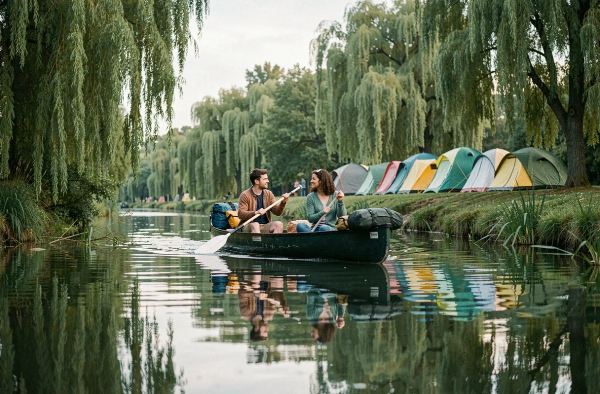 Jeune couple pagayant en canoë sur un canal bordé de saules pleureurs avec des tentes colorées visibles sur la berge du Camping de l'Île de Boulancourt