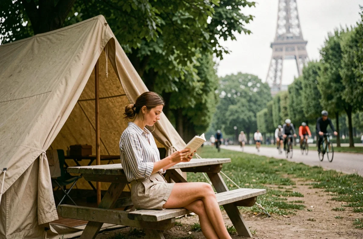 Jeune femme lisant un livre à une table en bois devant sa tente au camping Indigo Paris Bois de Boulogne avec la tour Eiffel visible à travers les arbres