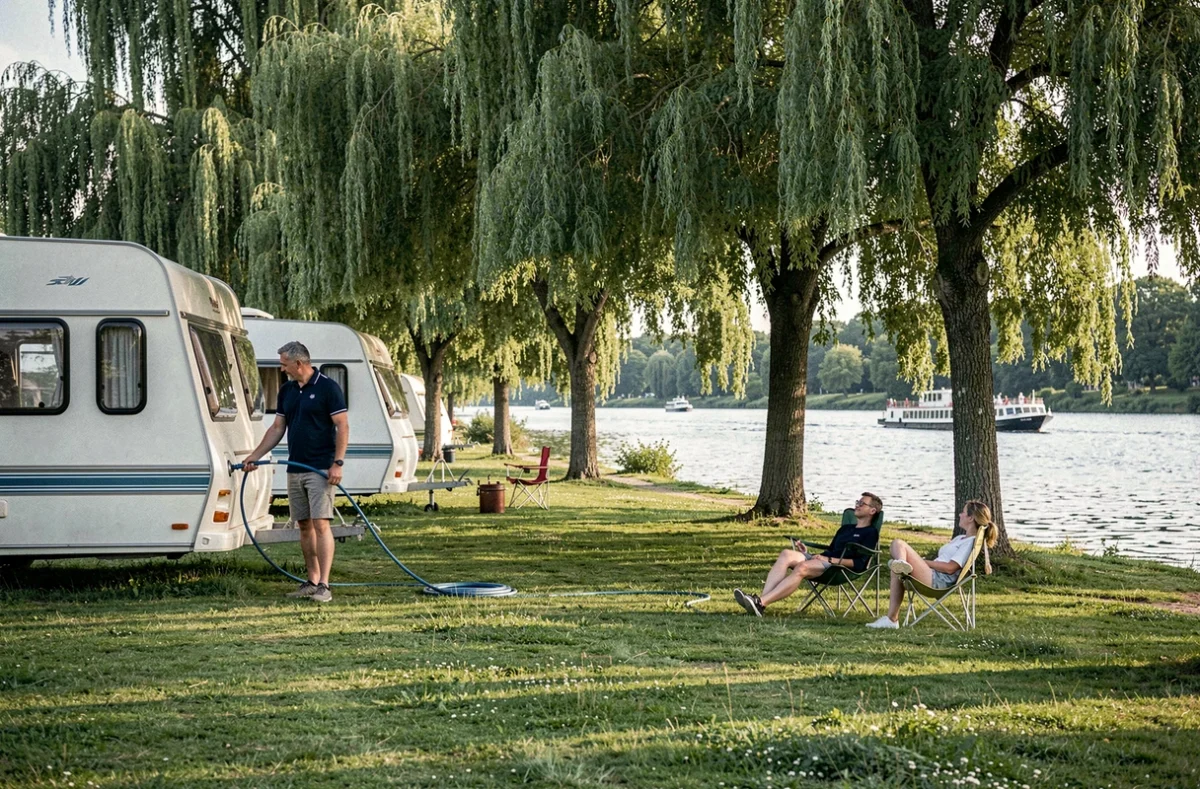 Couple installant leur caravane sur un emplacement herbeux du Camping International de Maisons-Laffitte au bord de la Seine avec un bateau de croisière en arrière-plan