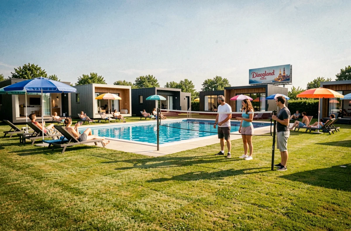 Famille installant un filet de badminton sur la pelouse du Camping Le Grand Paris à Torcy avec la piscine extérieure et des bungalows modernes en arrière-plan