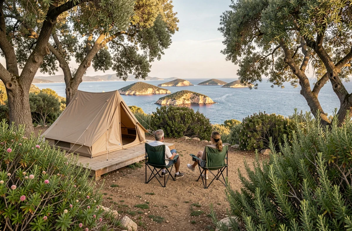 Camping Le Pansard face aux Îles d'Or avec tente sous les chênes et vue panoramique sur la mer