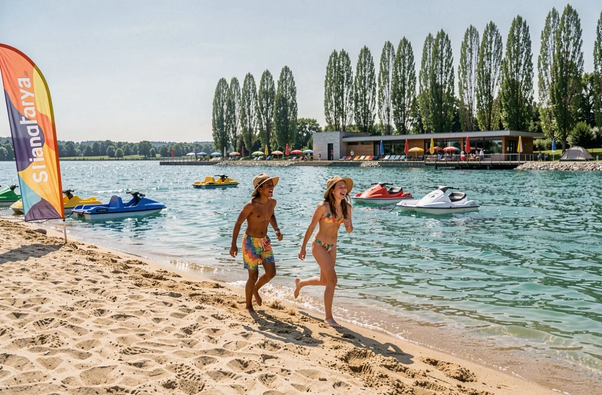 Deux adolescents courant joyeusement vers la plage de sable du Camping Sandaya International de Jablines avec le lac turquoise et des pédalos colorés en arrière-plan