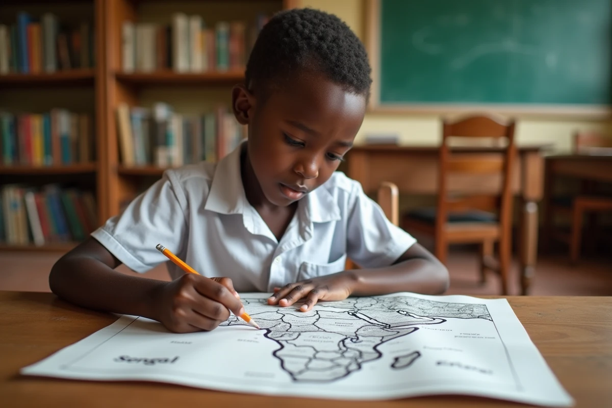 Écolier étudiant une carte imprimée de l'Afrique avec le Sénégal tracé au crayon sur un bureau en bois