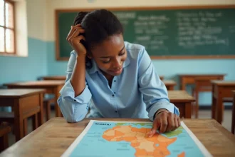 Enseignante pointant une carte imprimée de l'Afrique avec le Sénégal mis en évidence dans une salle de classe