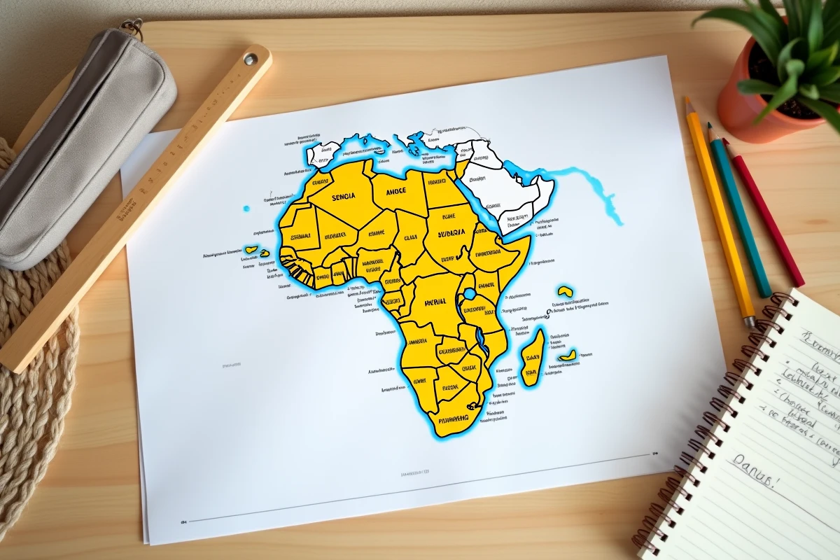 Vue de dessus d'une carte imprimée de l'Afrique avec le Sénégal surligné entourée de fournitures scolaires sur une table en bois