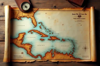 Carte ancienne de la mer des Caraïbes avec boussole et journal de voyage sur un bureau en bois