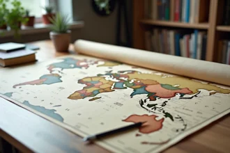 Carte du monde imprimée en haute définition sur papier mat avec le Groenland bien visible, posée sur un bureau en bois avec règle et crayon