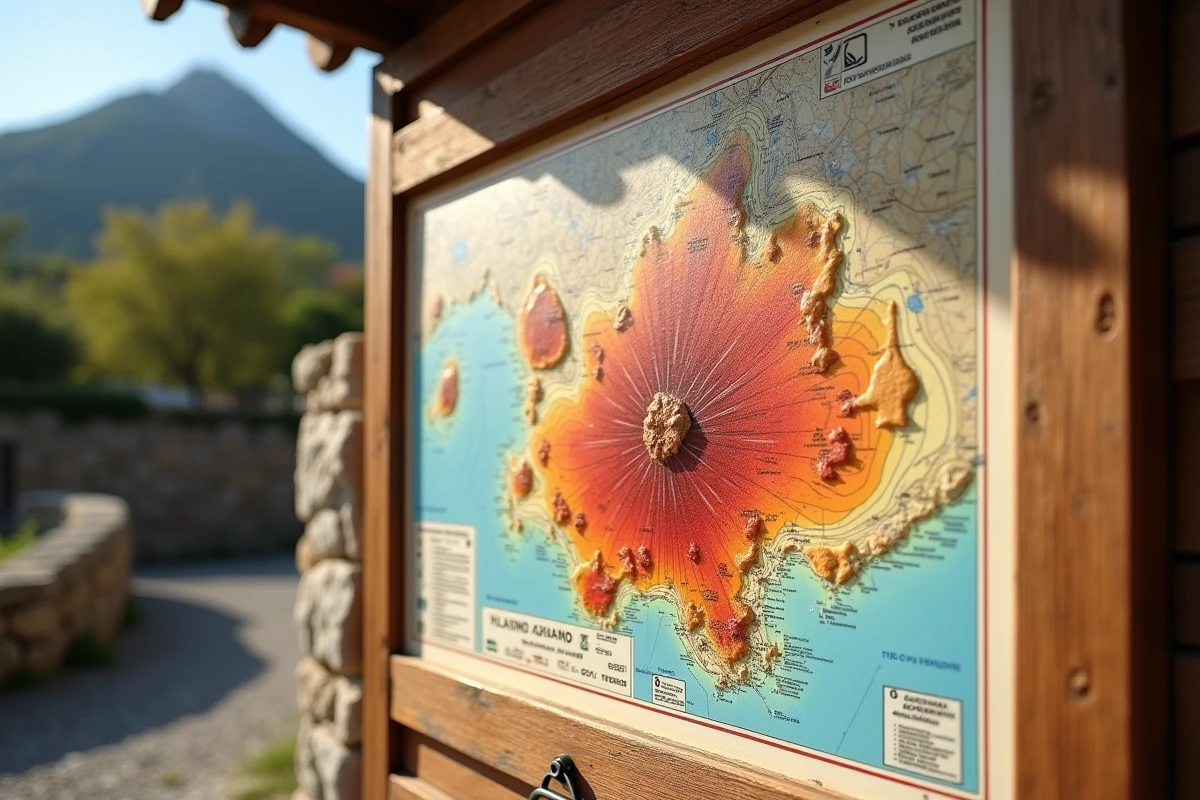 Carte topographique des zones d'exclusion autour des volcans italiens affichée sur un panneau d'information en bois à l'entrée d'un parc national
