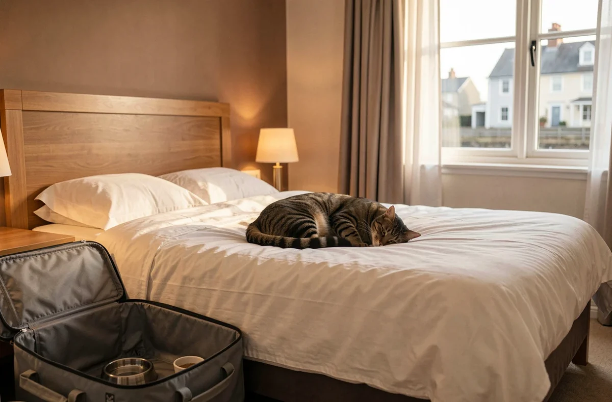 Chat tabby confortablement installé sur le lit d'une chambre d'hôtel ibis avec accessoires pour animal de compagnie visibles au sol