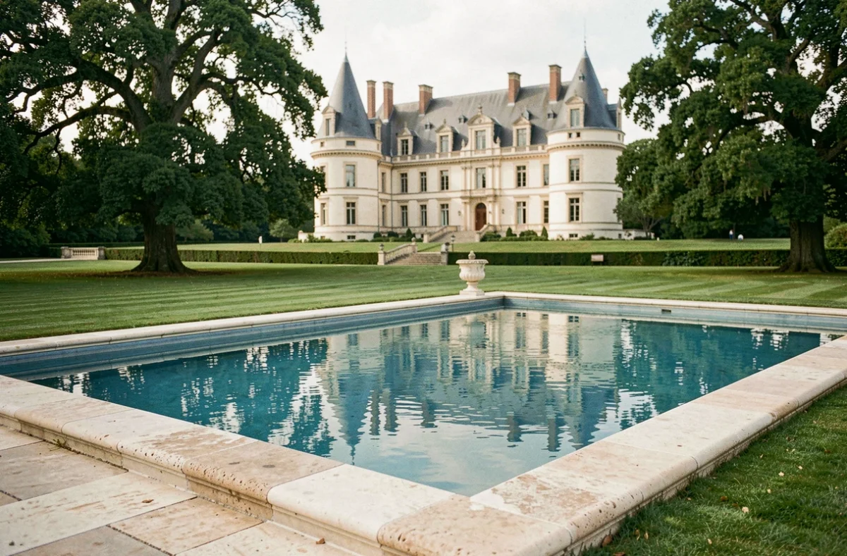 Piscine extérieure du Château de Montvillargenne avec le château historique et ses tourelles visibles en arrière-plan