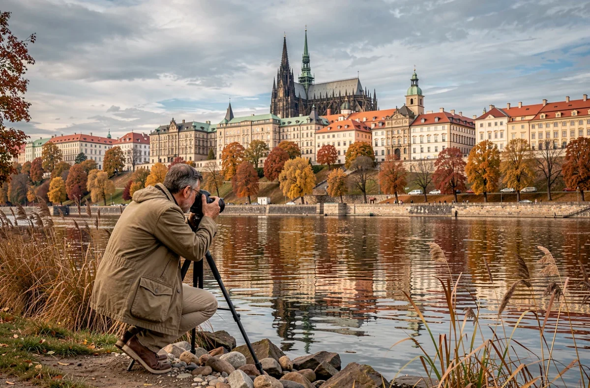 Château de Prague et cathédrale Saint-Guy vus depuis les rives de la Vltava en automne