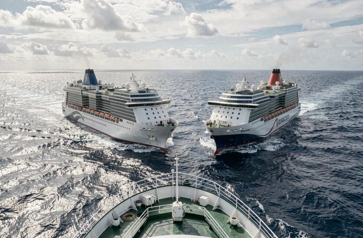 Deux paquebots de compagnies de croisière différentes naviguant en parallèle sur l'Atlantique pour comparaison