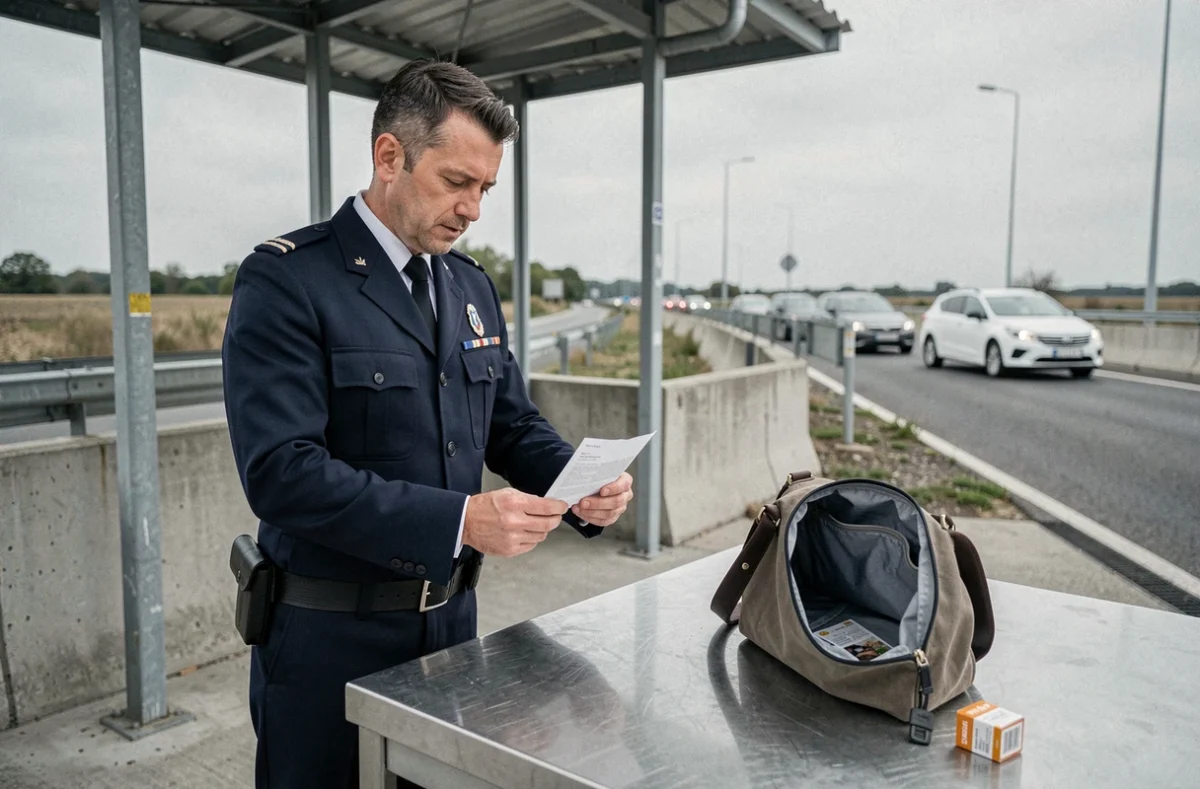 Douanier français contrôlant un ticket de caisse et une cartouche de cigarettes achetée en Espagne lors d'un passage de frontière